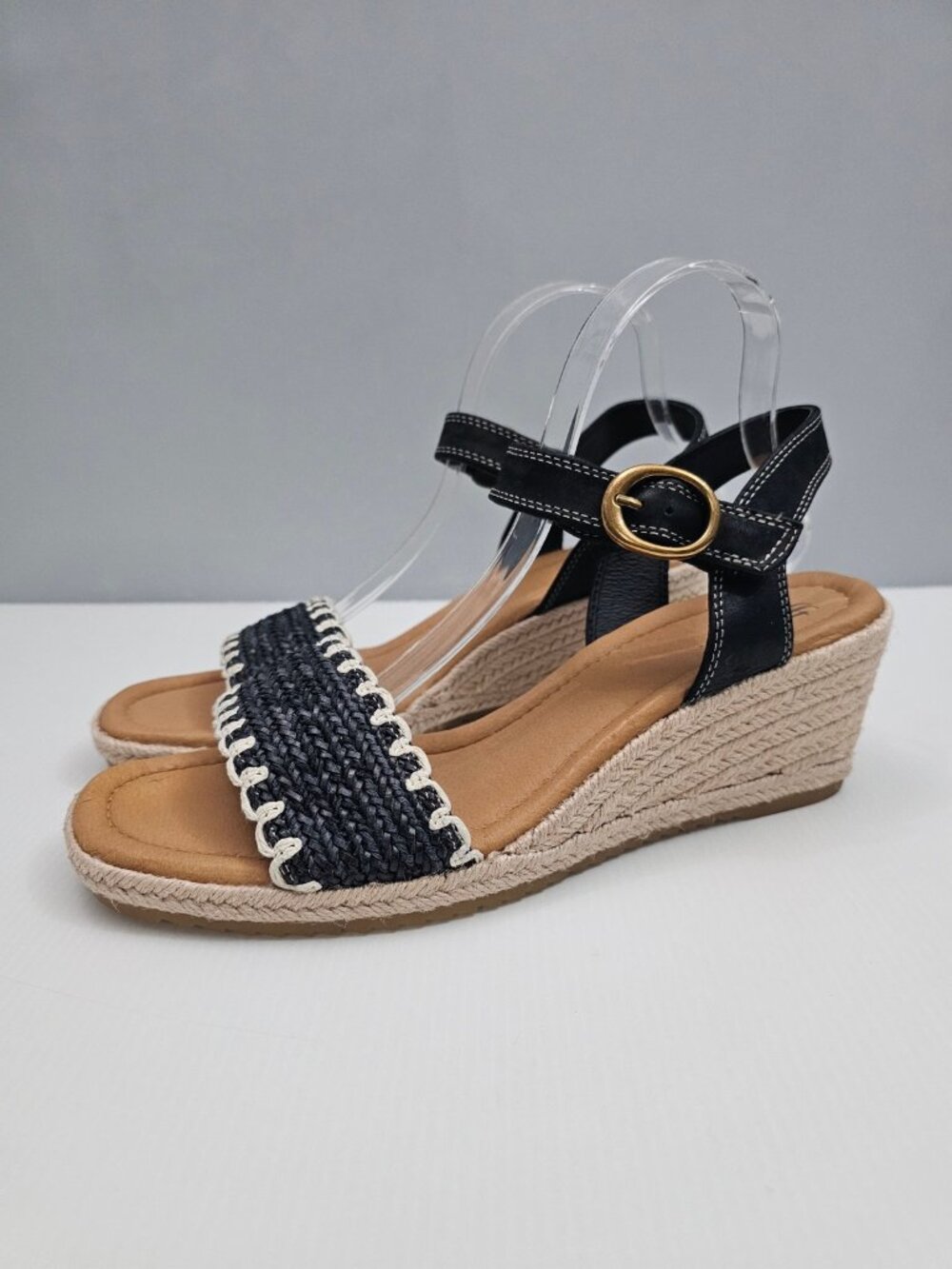 Sofft Inez Wedge Espadrille Sandal Women 11 Black Raffia Ankle Strap Comfort